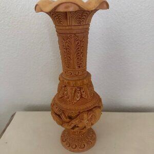 Wooden Flower Vase with Animal Carved vintage